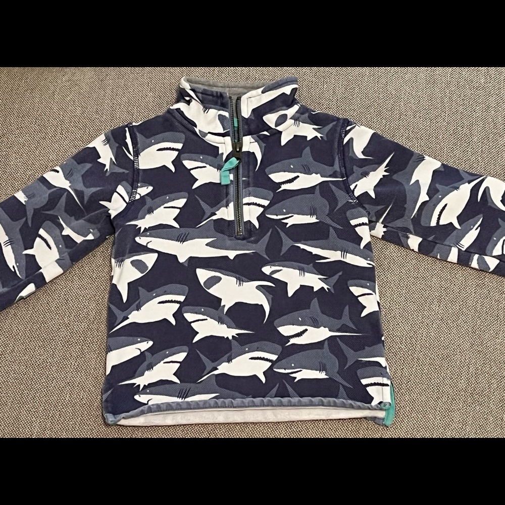 Mini Boden half-zip shark pullover, blue/white, size 2-3 years